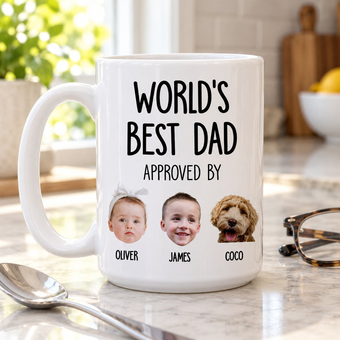Personalized Worlds Best Dad ceramic mug next to coffee spoon and glasses showing size