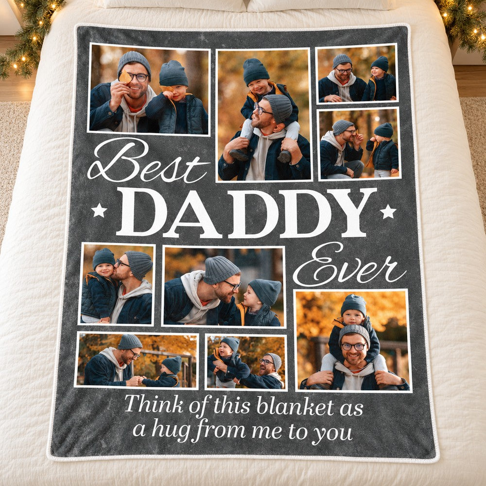 Custom Best Daddy Ever photo collage blanket laid flat on a bed with holiday garland