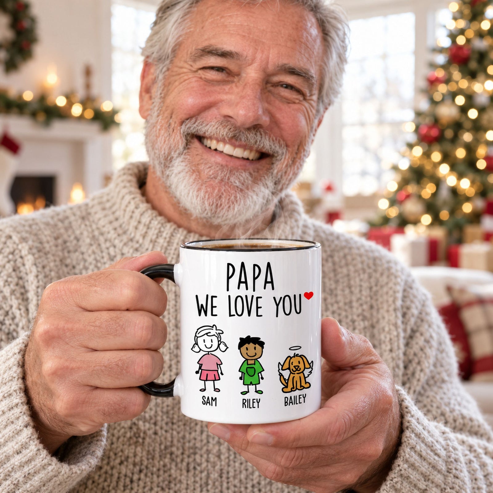 Personalized Papa We Love You ceramic mug with kids and pets names held by grandpa with morning coffee
