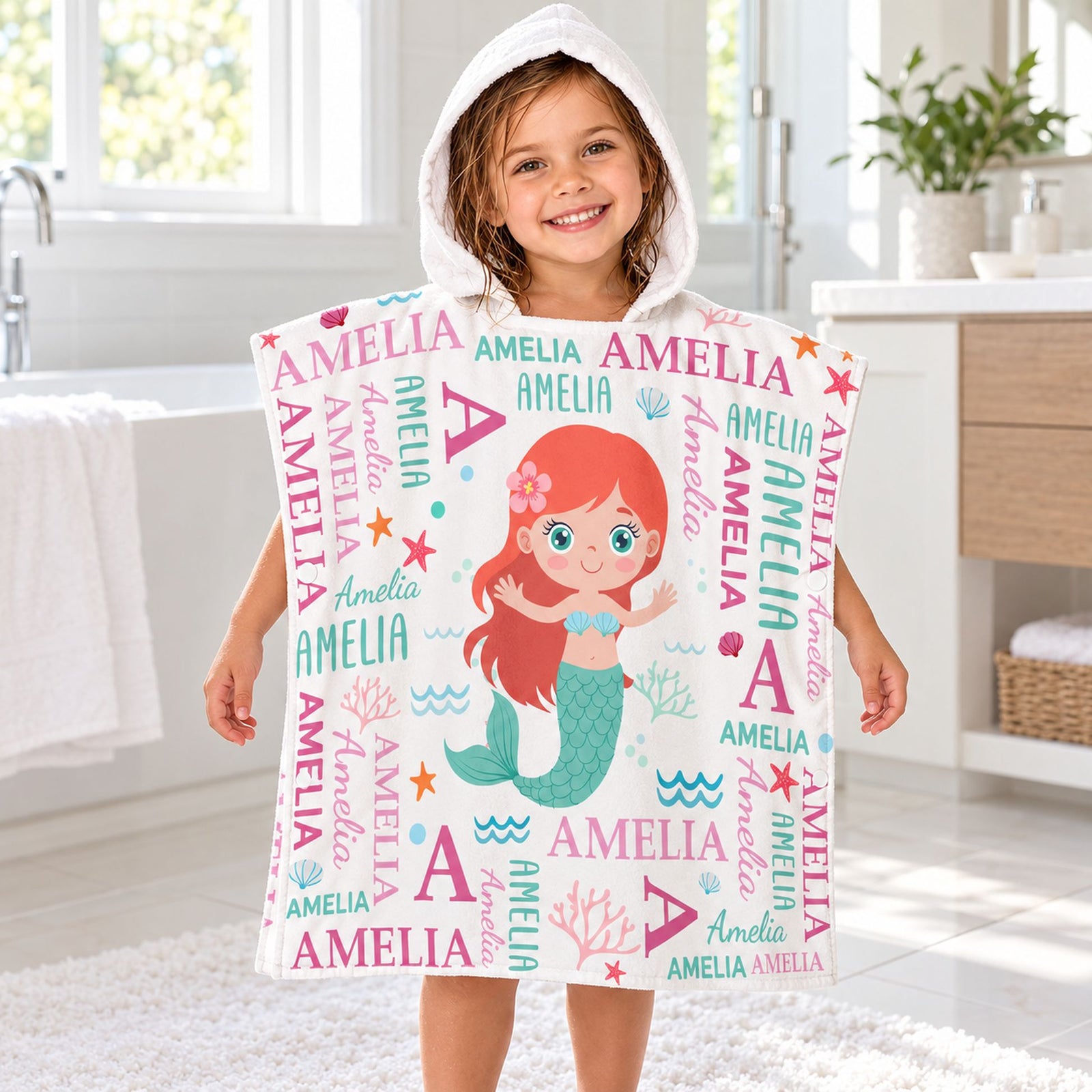 Personalized kids mermaid hooded towel worn by a young girl after bath time