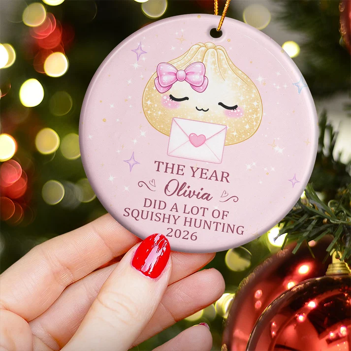 Cute Dumpling Squishy Hunter - Personalized Circle Ceramic Ornament - Christmas Gift For Kid, Son, Daughter