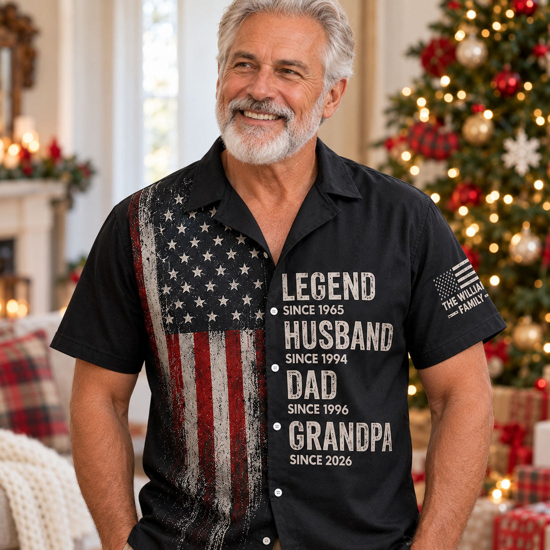 Grandpa wearing personalized American flag Legend Husband Dad Grandpa Hawaiian shirt on Christmas morning