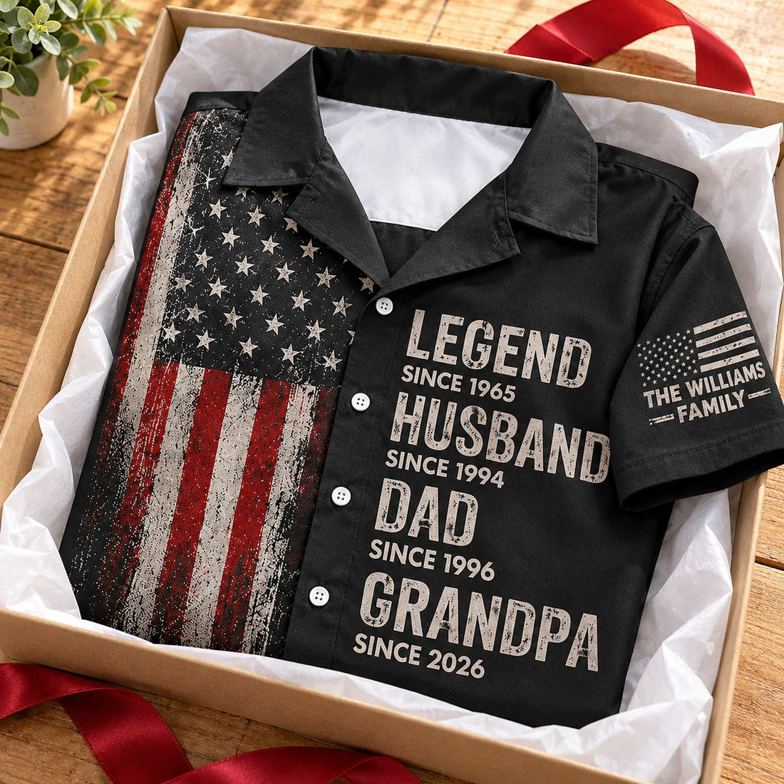 Personalized Dad Grandpa American flag Hawaiian shirt folded in a holiday gift box with ribbon