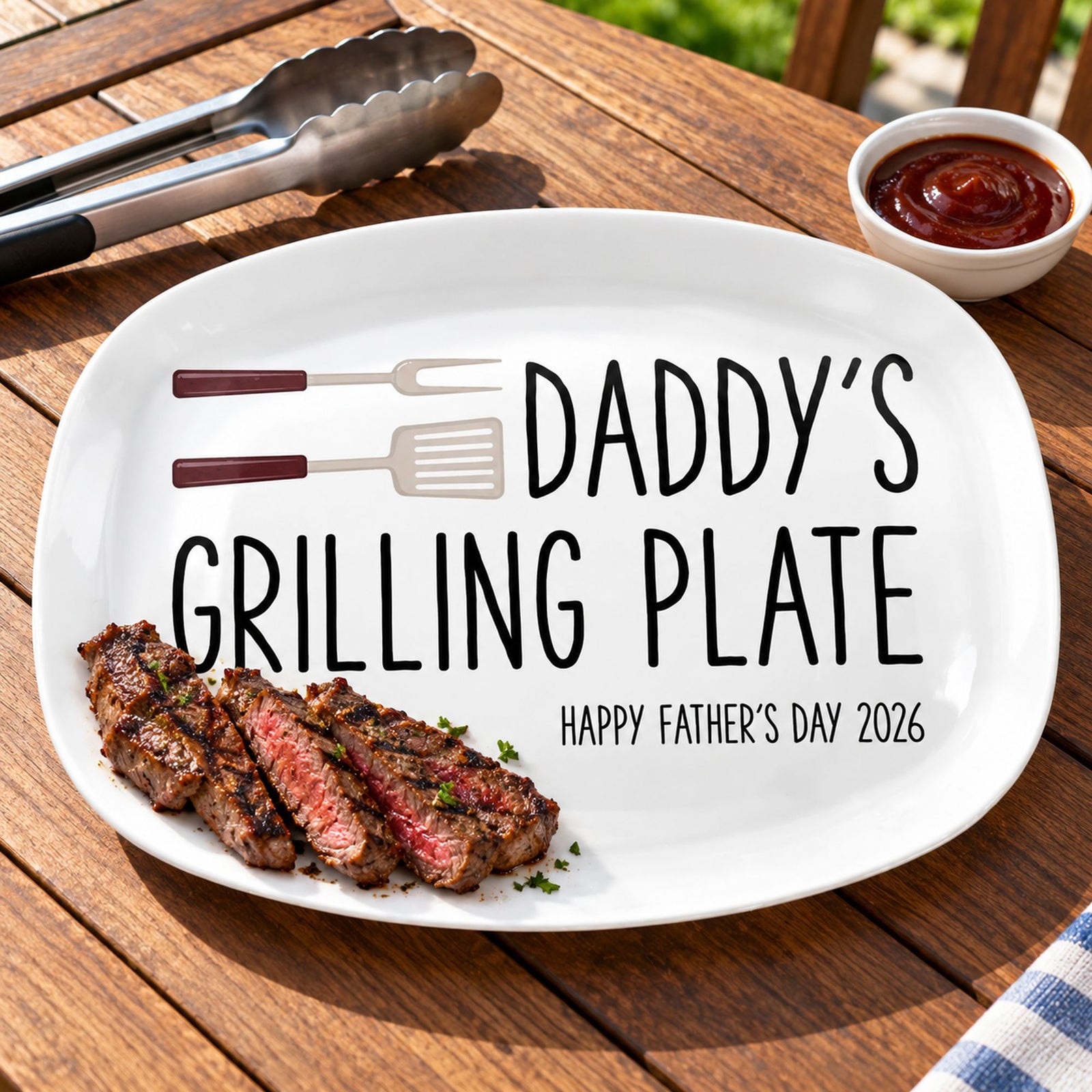 Personalized Daddy's Grilling Plate serving platter on a wooden patio table with BBQ tools