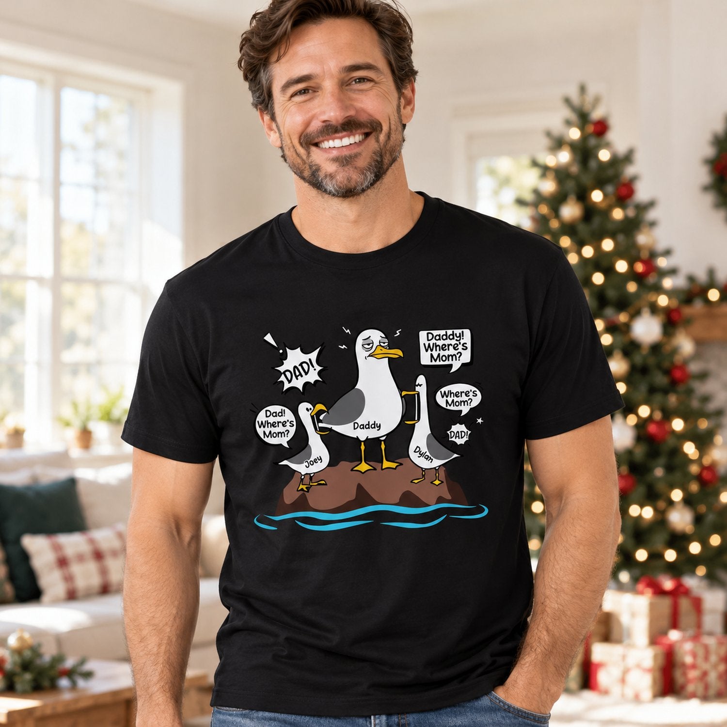 Dad wearing Personalized Tired Seagull & Kids black t-shirt in a bright holiday living room
