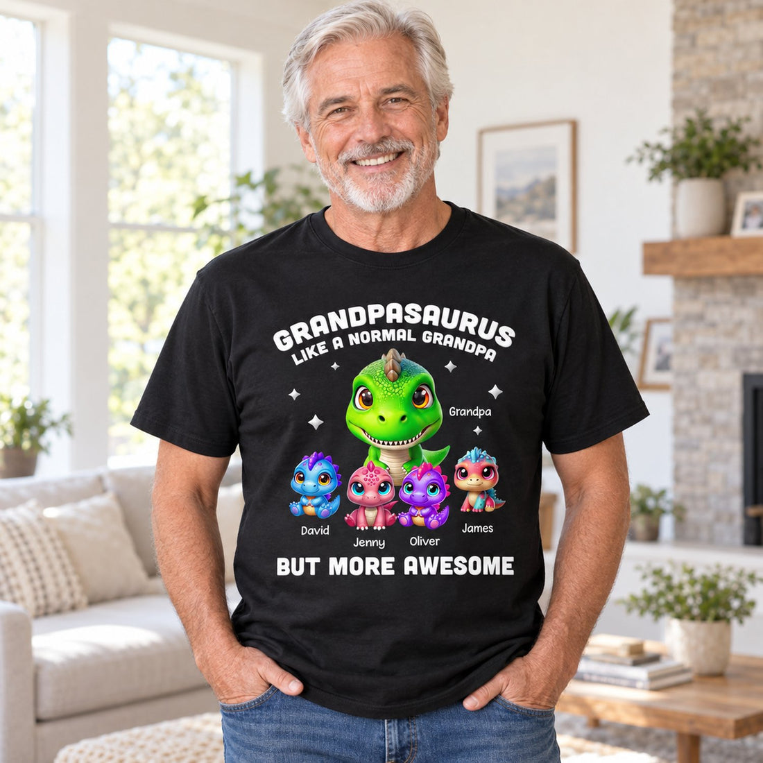 Grandpa wearing personalized Grandpasaurus 3D Dinosaurs black t-shirt in a bright living room