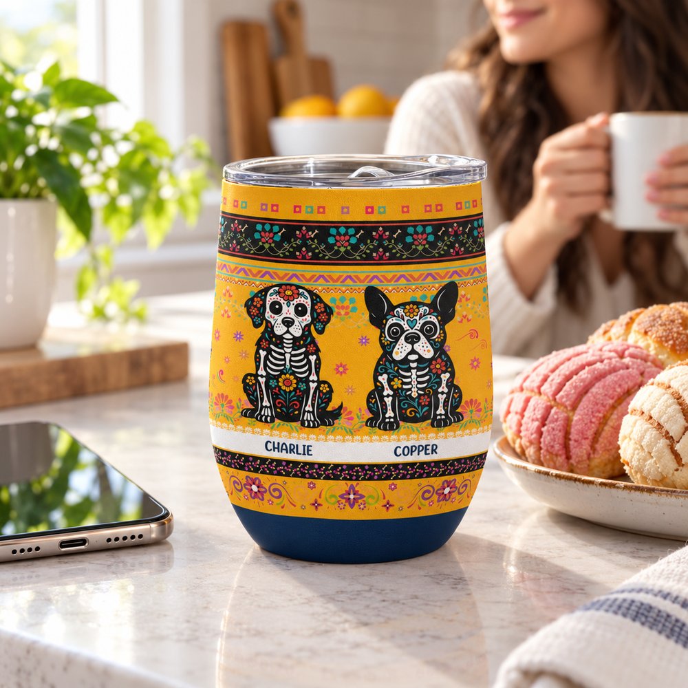 12oz Day of the Dead pet wine tumbler next to phone for size scale