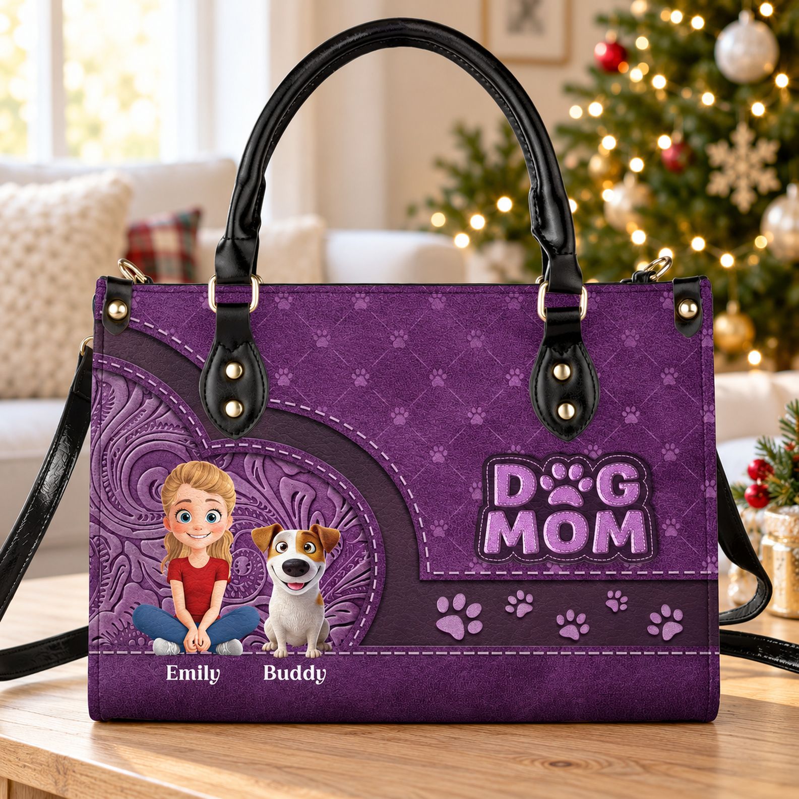Personalized Dog Mom purple leather handbag on a table near a Christmas tree
