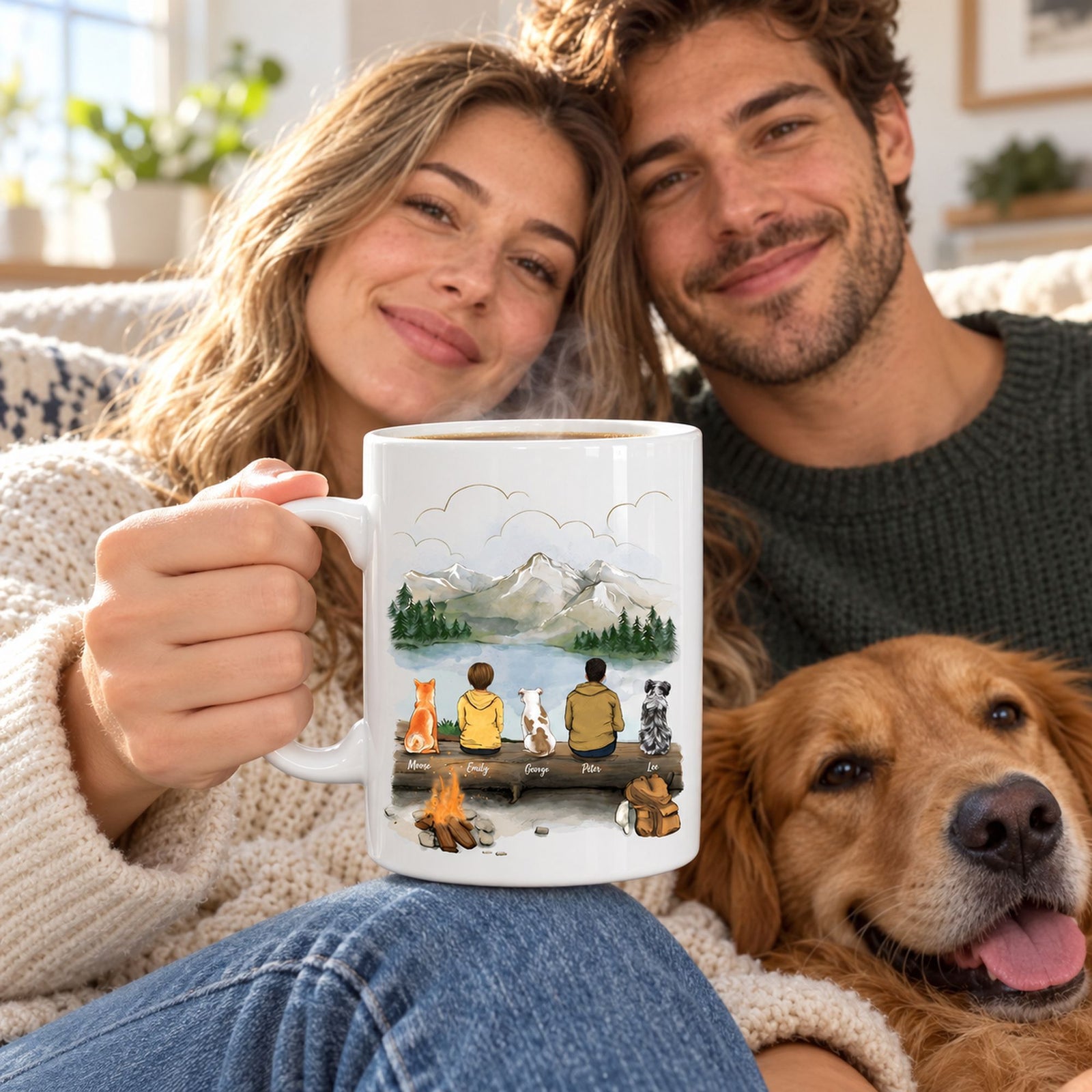 Couple holding personalized dog and couple camping mug with hot coffee on a cozy morning