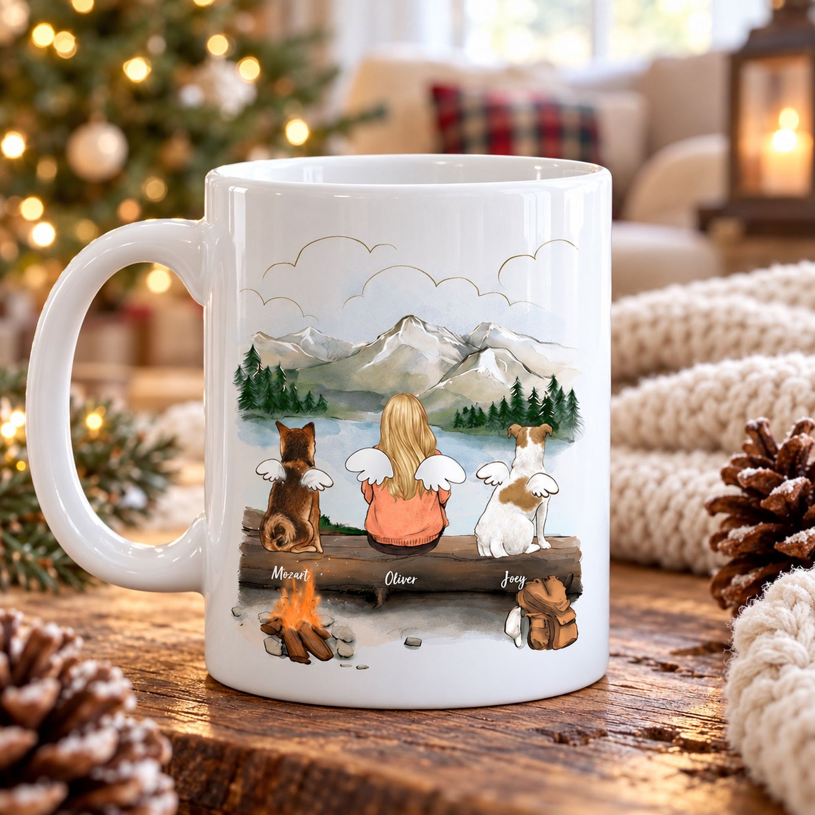 Personalized dog lovers mountain camping ceramic mug on wooden table by Christmas tree