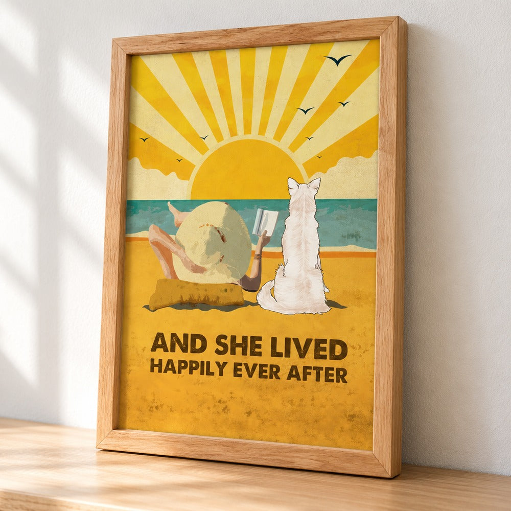 Close up detail of Dog Happily Ever After print texture and natural wood frame