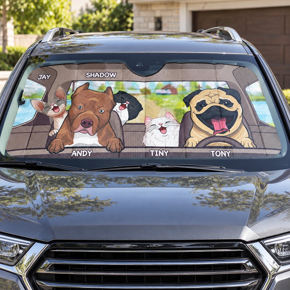 Personalized dogs and cats auto windshield sunshade installed inside a parked SUV windshield