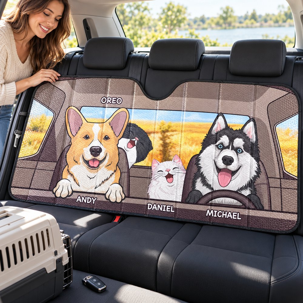 57x27.5 inch custom dog and cat auto sunshade laid across a car seat for size scale
