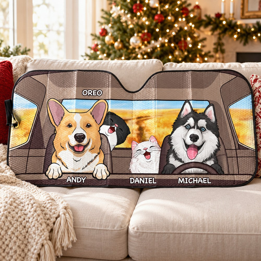 Custom dog and cat car sunshade displayed in a festive Christmas living room