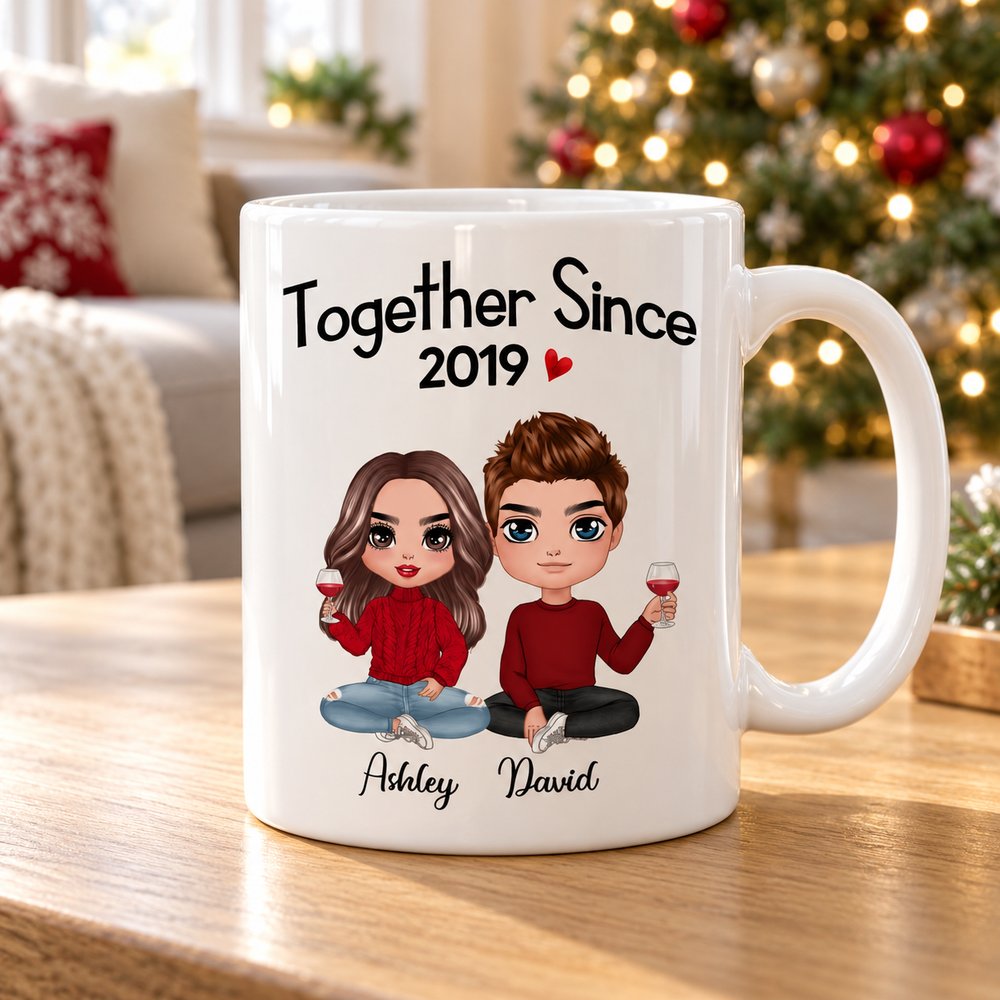 Personalized Together Since couple mug on wooden table with Christmas tree background