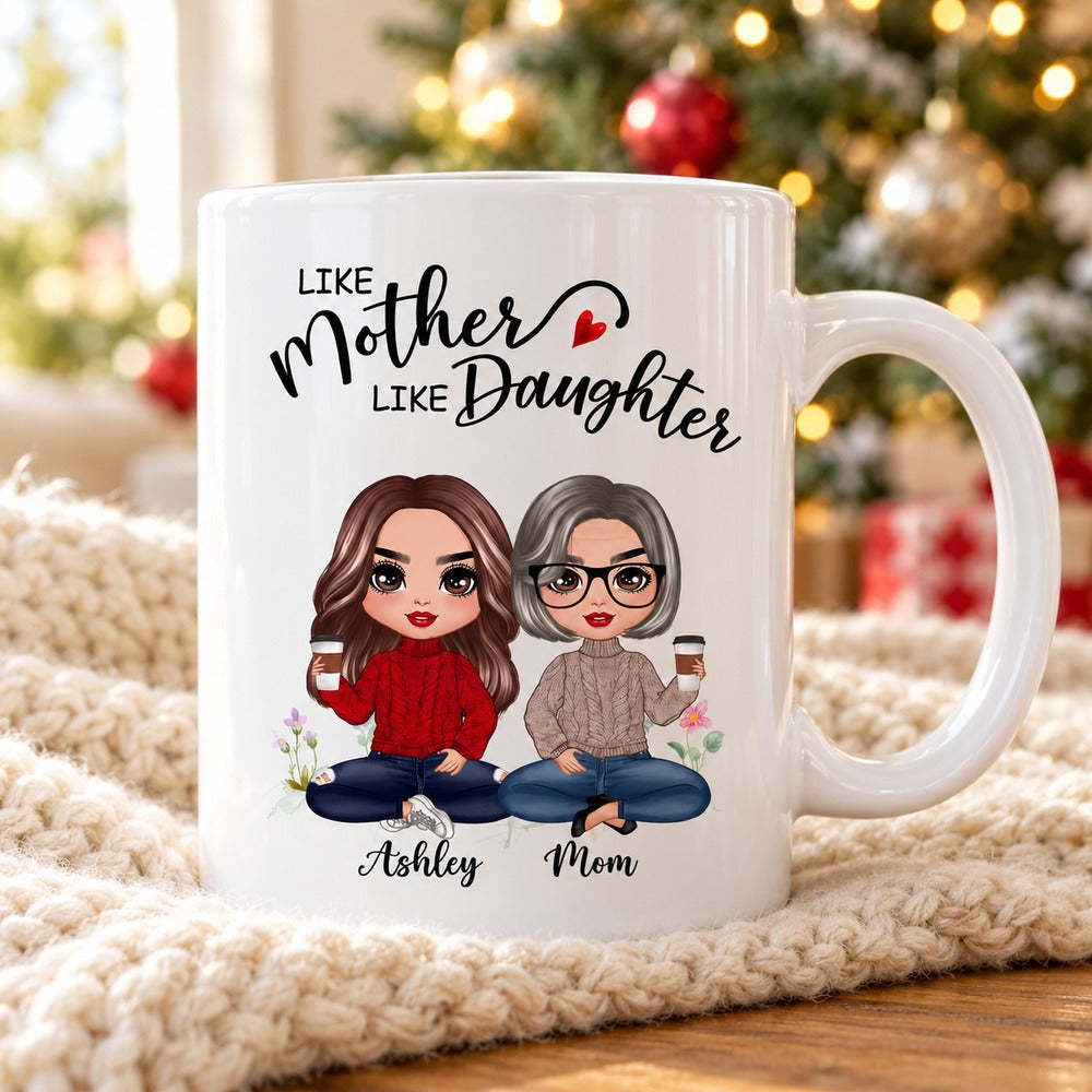 Personalized Like Mother Like Daughter mug in a cozy holiday living room scene
