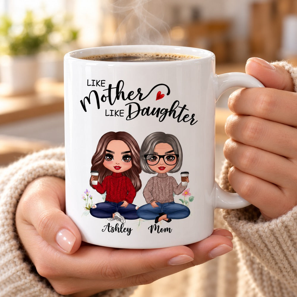 Woman holding the custom Mother and Daughter coffee mug with warm steam rising
