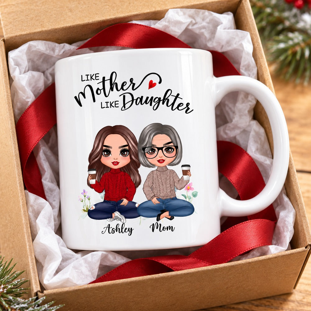 Personalized Mother Daughter mug presented in a gift box with ribbon and tissue paper