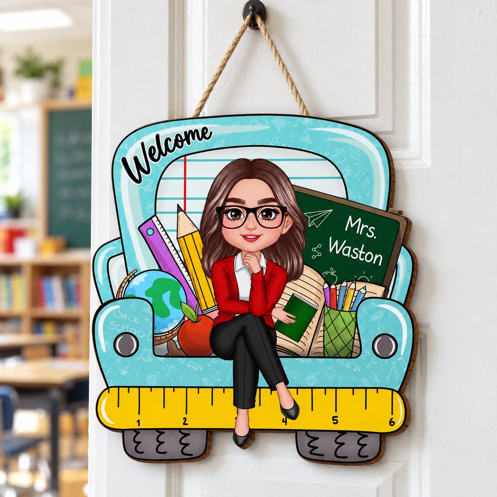 Personalized teacher truck custom shaped wood sign hanging on a bright classroom door