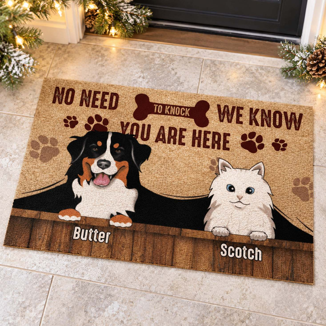 Personalized pet doormat with Butter and Scotch design in a festive holiday entryway