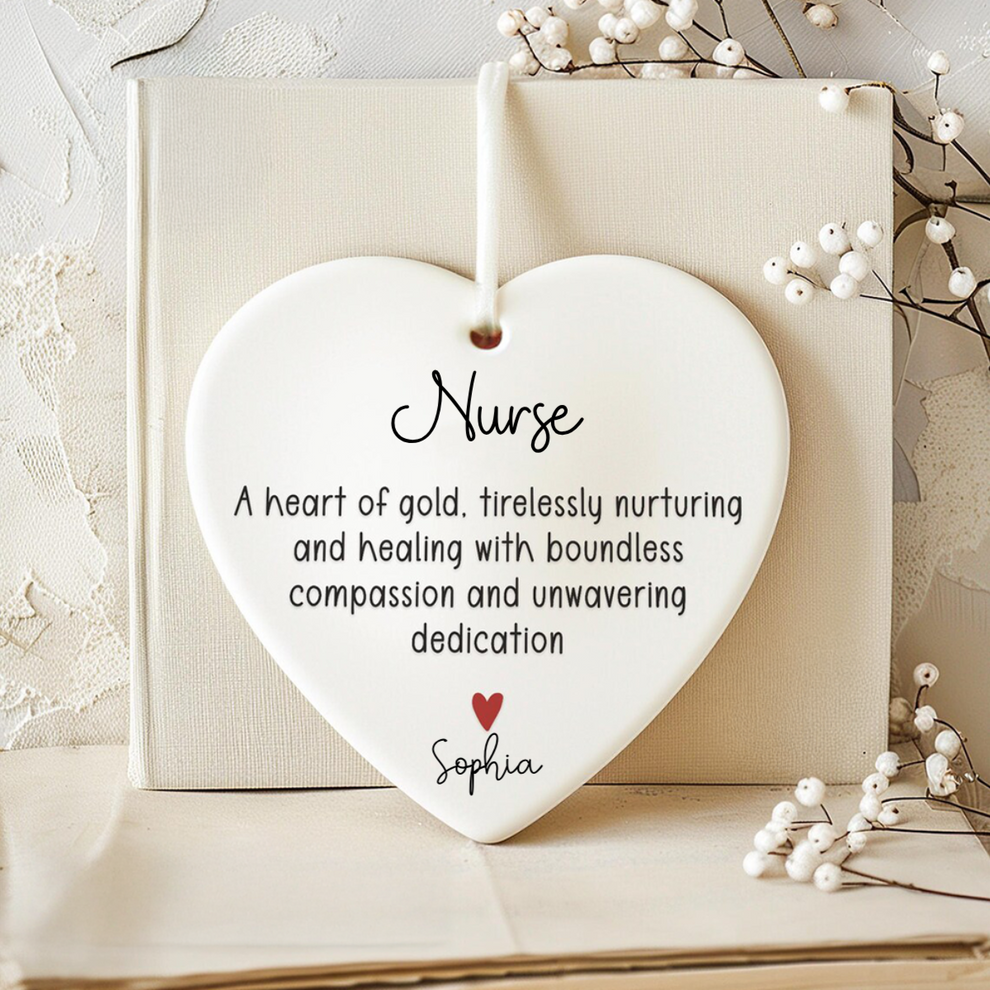 Personalized A Heart Of Gold Nurse heart ceramic ornament, main view