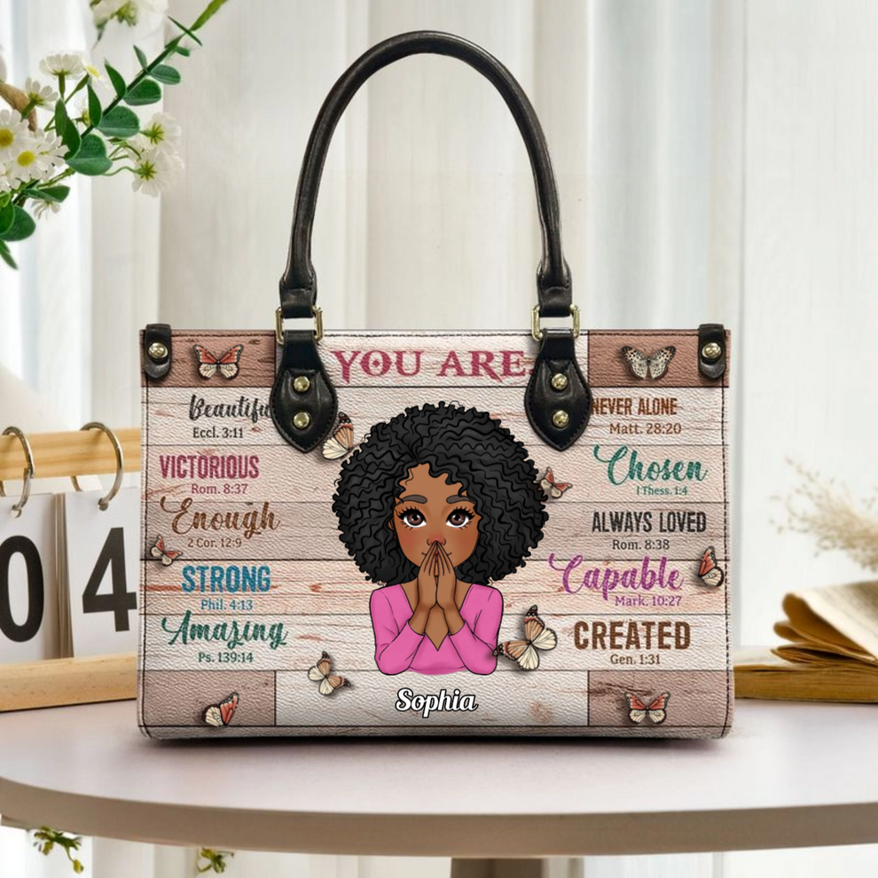 Personalized You Are Beautiful Strong leather handbag, front view with name options