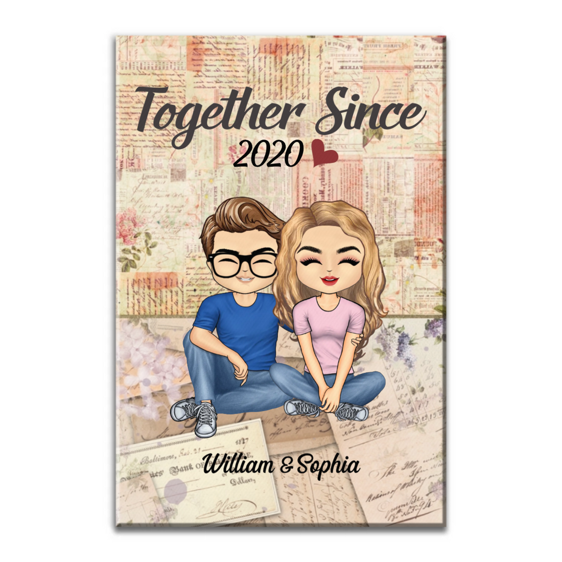 Personalized Together Since Husband Wife poster, a woman hanging the framed print on a wall