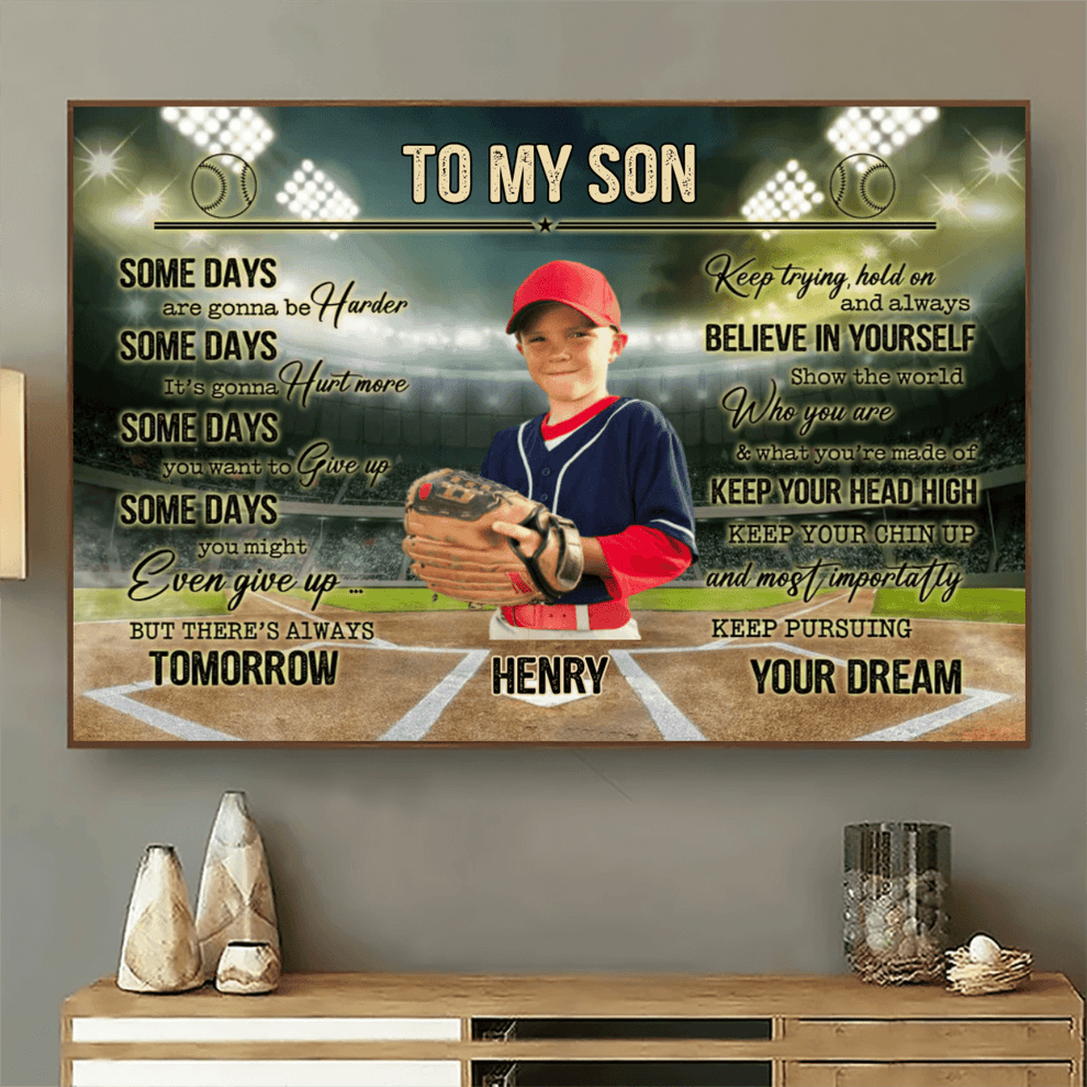 Personalized Believe In Yourself Inspiring Baseball Quotes poster, leaning against a wall on a wooden floor