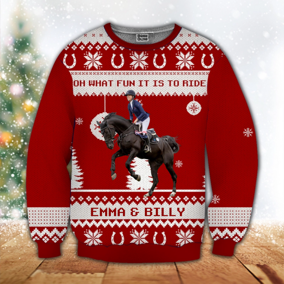 Custom Photo Oh What Fun It Is To Ride Horse Lovers ugly Christmas sweater, main view