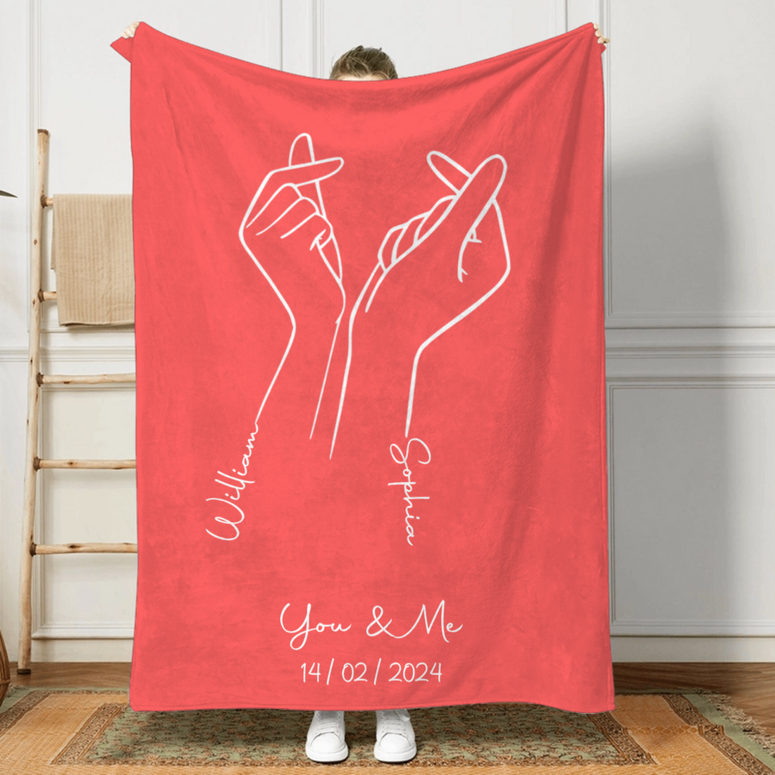 Personalized You & Me Couple Blanket fleece blanket, spread across a bed