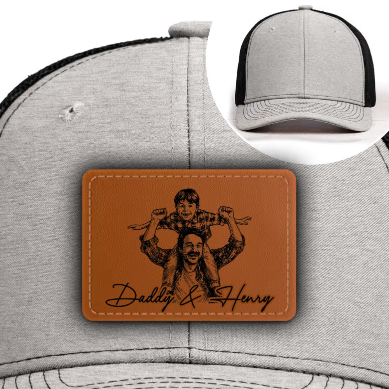 Custom Photo Sketch Line Art Dad - Personalized Leather Patch Hat - Father's Day Gifts for Husband, Dad, Daddy, Grandpa, Papa