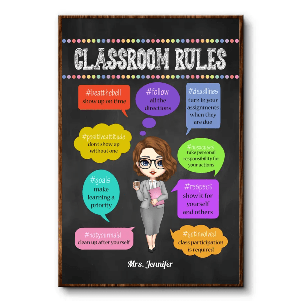 Personalized Classroom Rules poster, leaning against a wall on a wooden floor