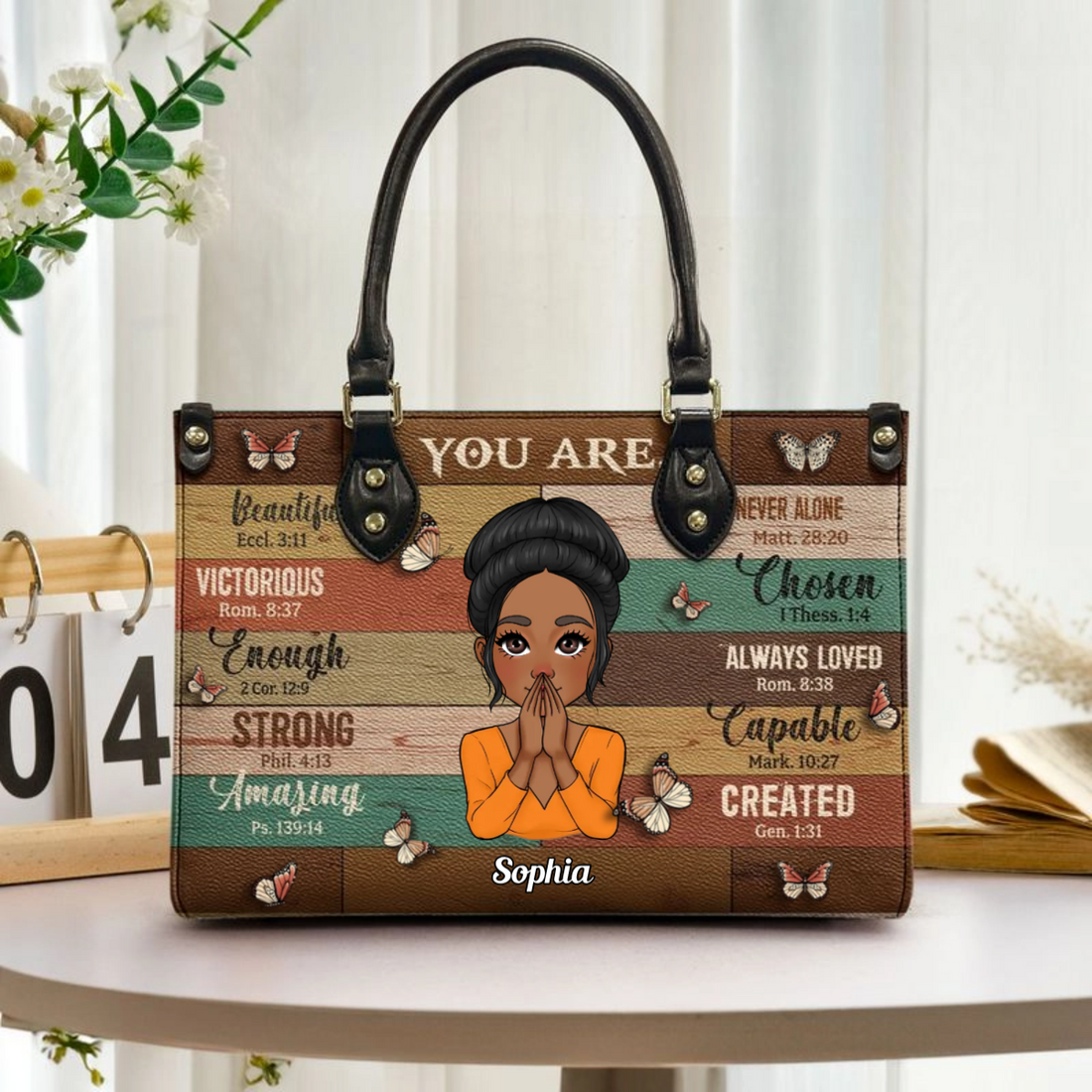Personalized You Are Beautiful Strong leather handbag, front view