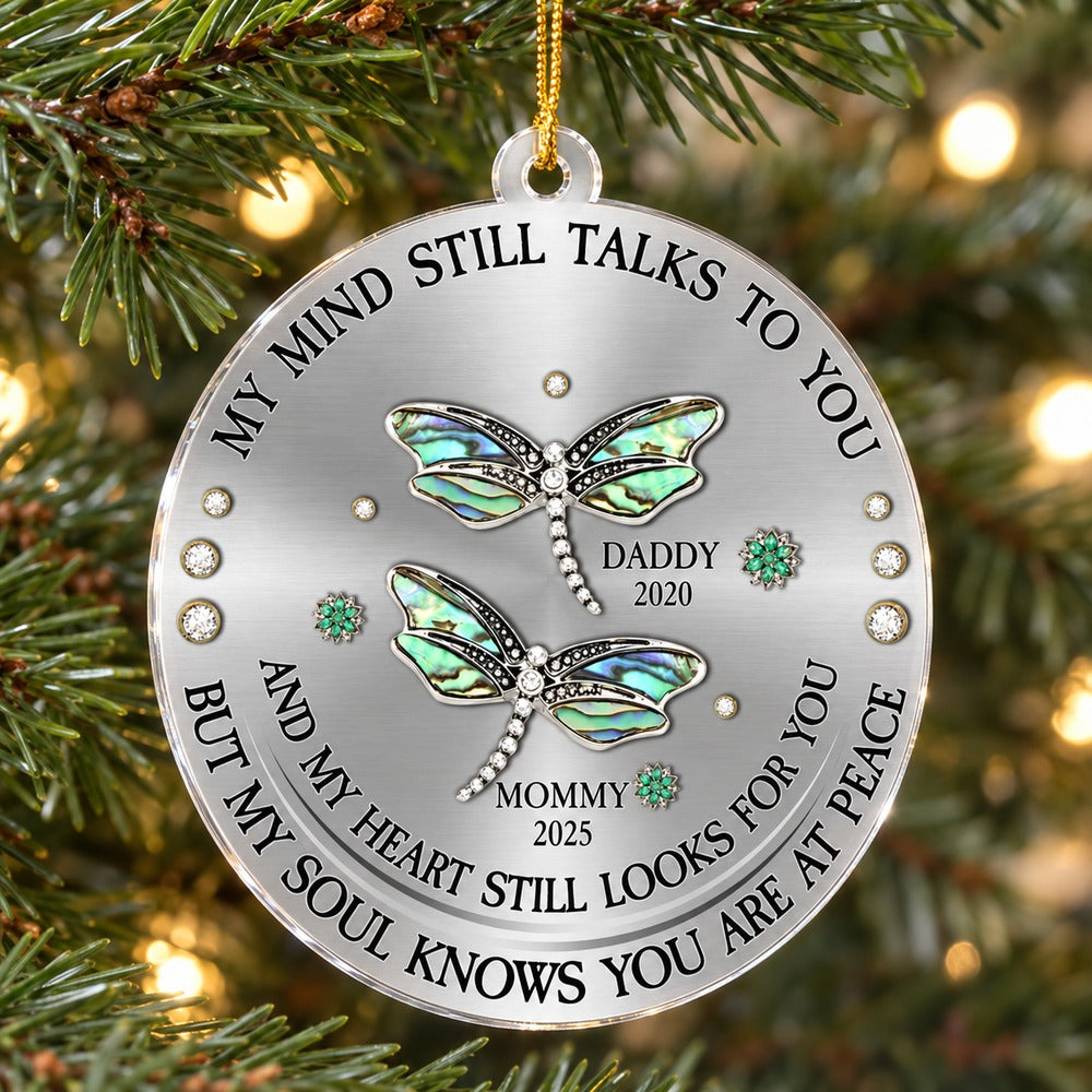 Close up detail of personalized dragonfly memorial acrylic ornament print and glossy edge