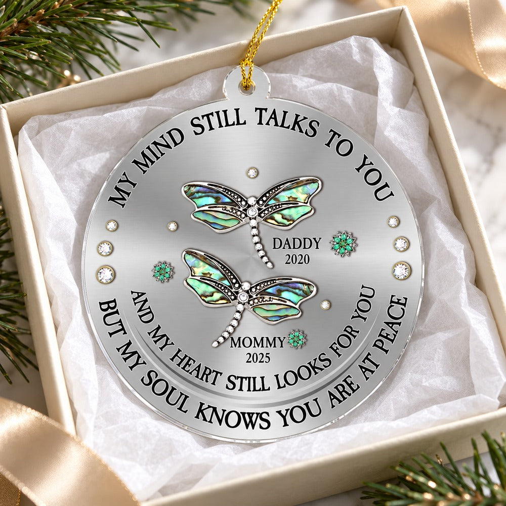 Dragonfly memorial Mom and Dad acrylic ornament nestled in a white tissue gift box