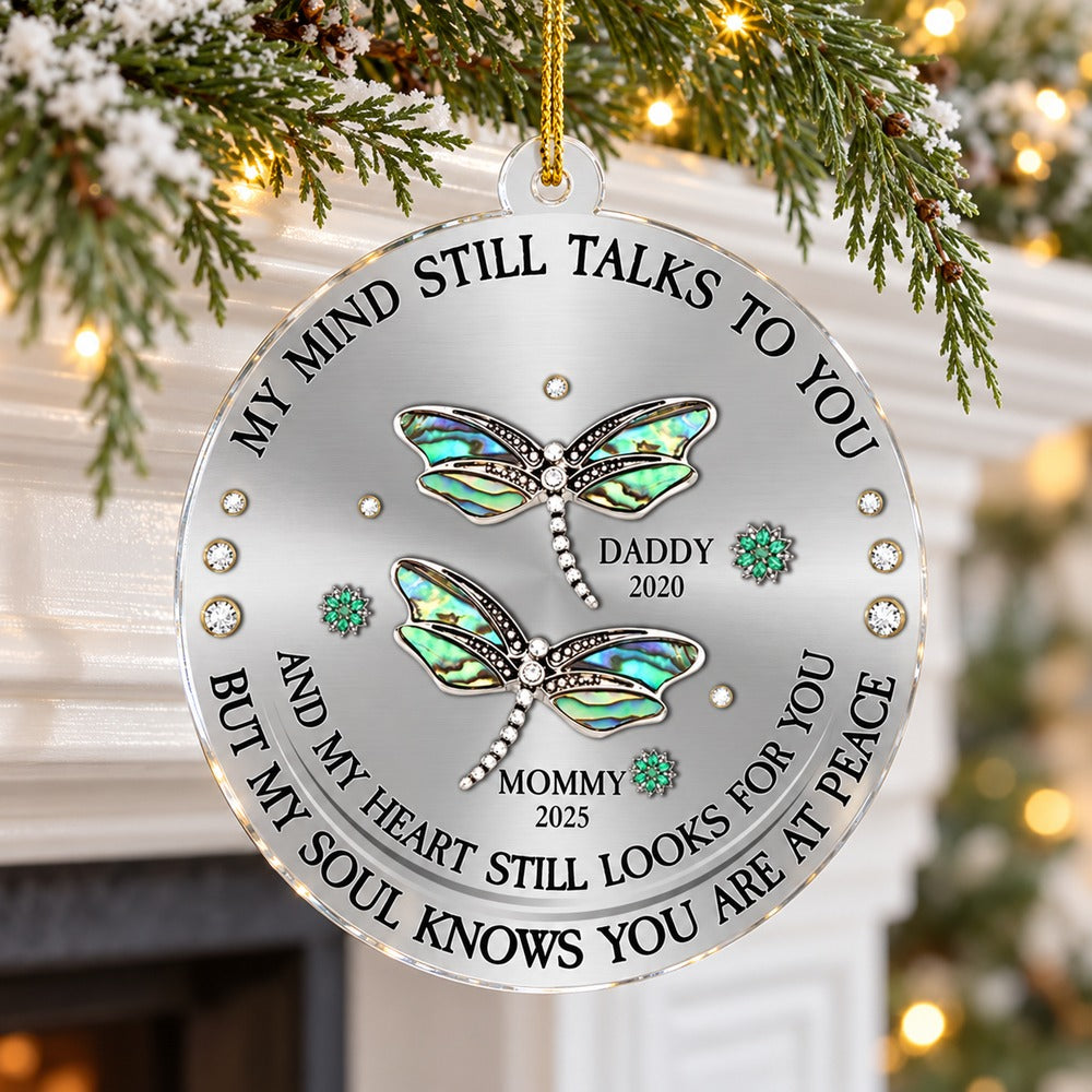 Dragonfly My Mind My Heart My Soul ornament hanging from a festive mantel garland