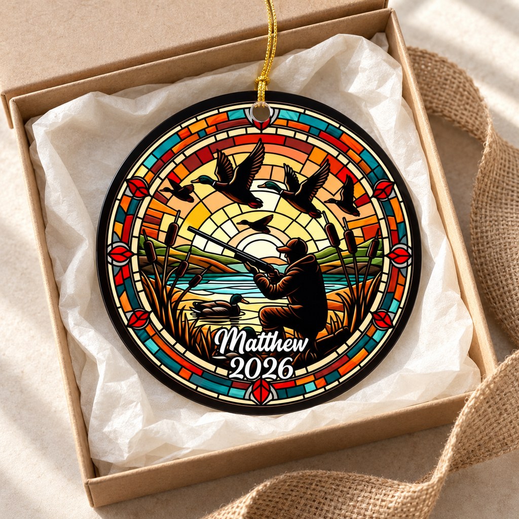 Personalized duck hunter suncatcher ornament nestled in a holiday gift box