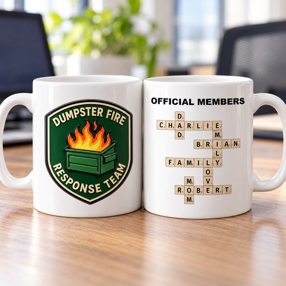 Close-up detail of Official Members crossword letter tiles print on ceramic mug