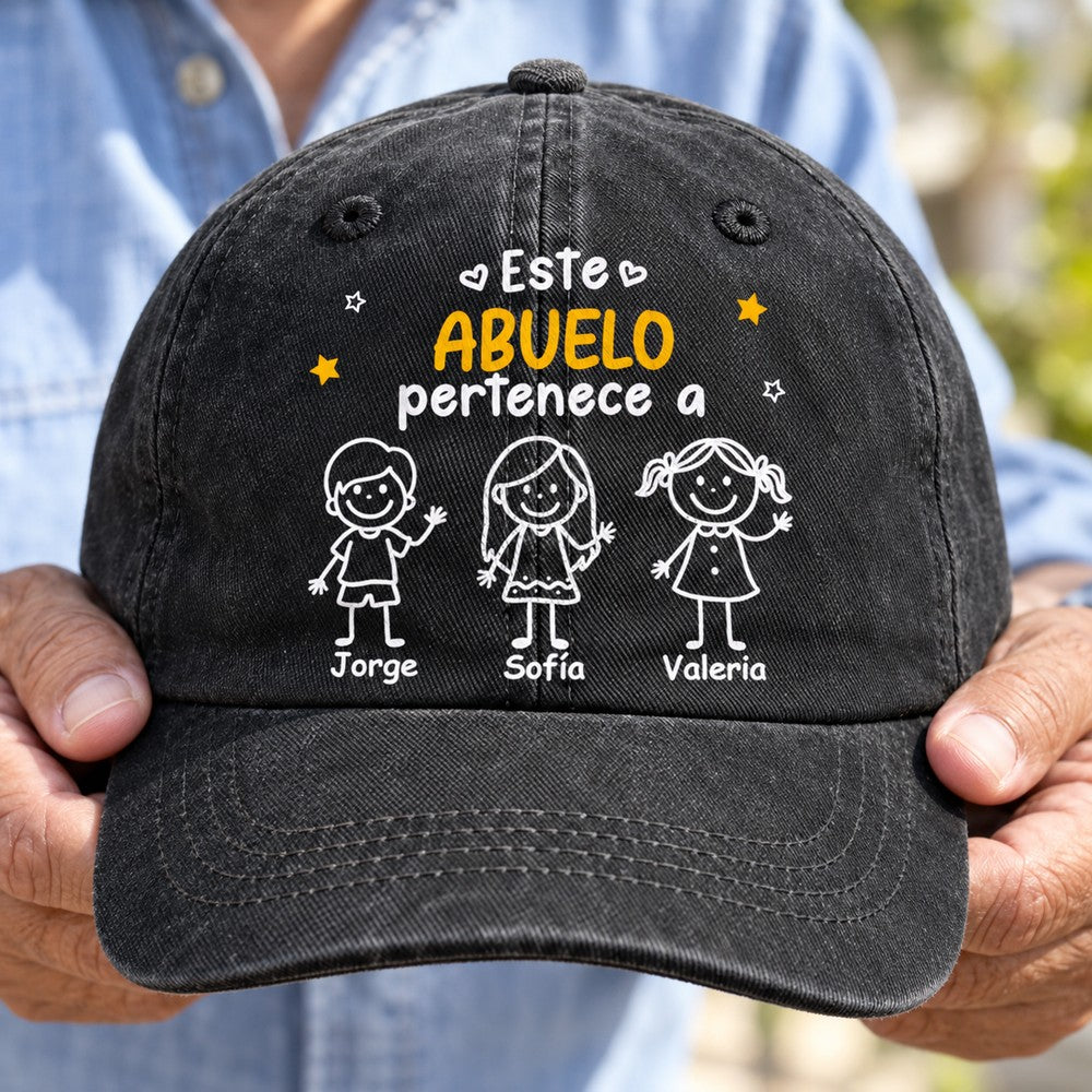 Close up of personalized Abuelo washed denim cap print texture and stitching