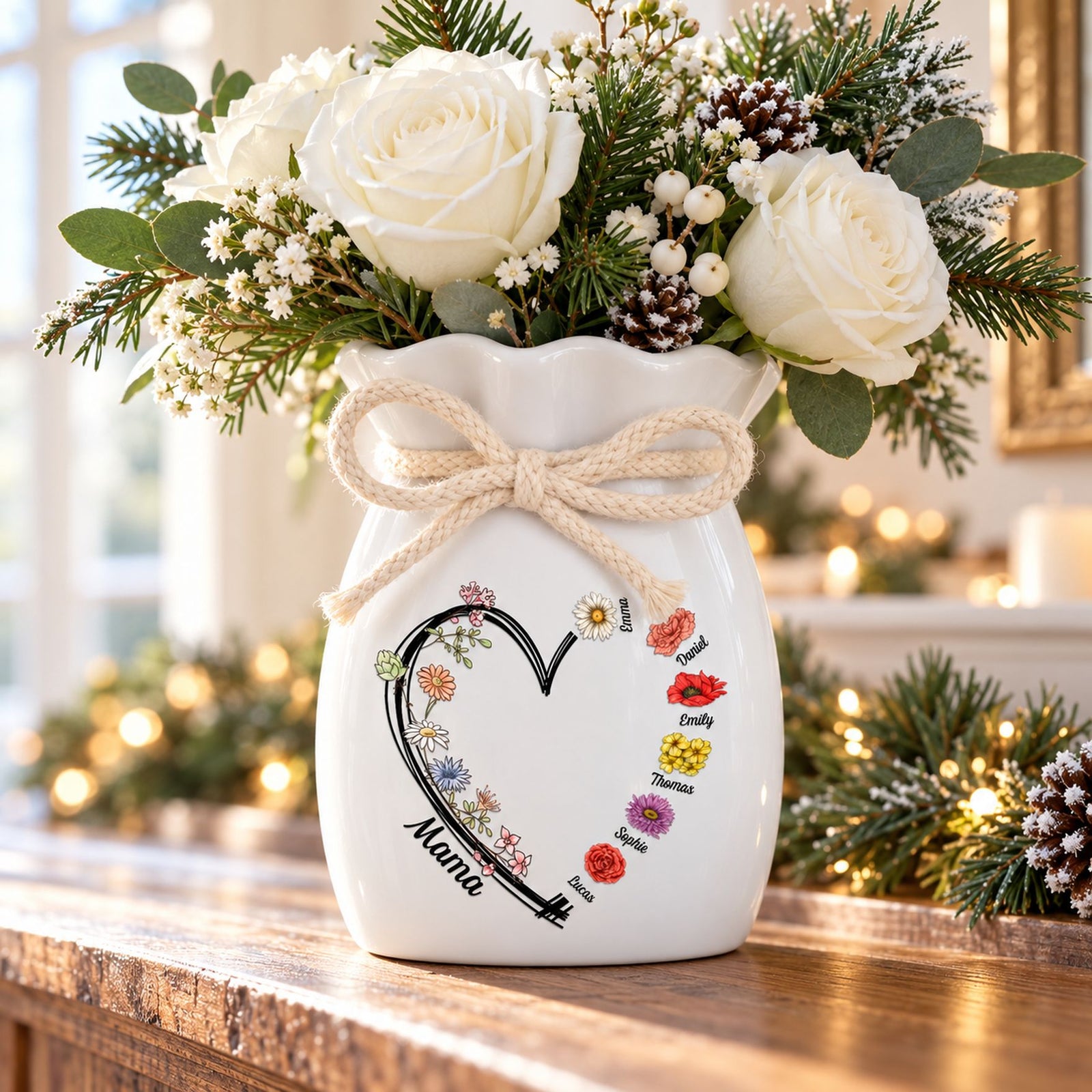 Personalized Mama ceramic flower vase with rope bow on a holiday mantel with white roses