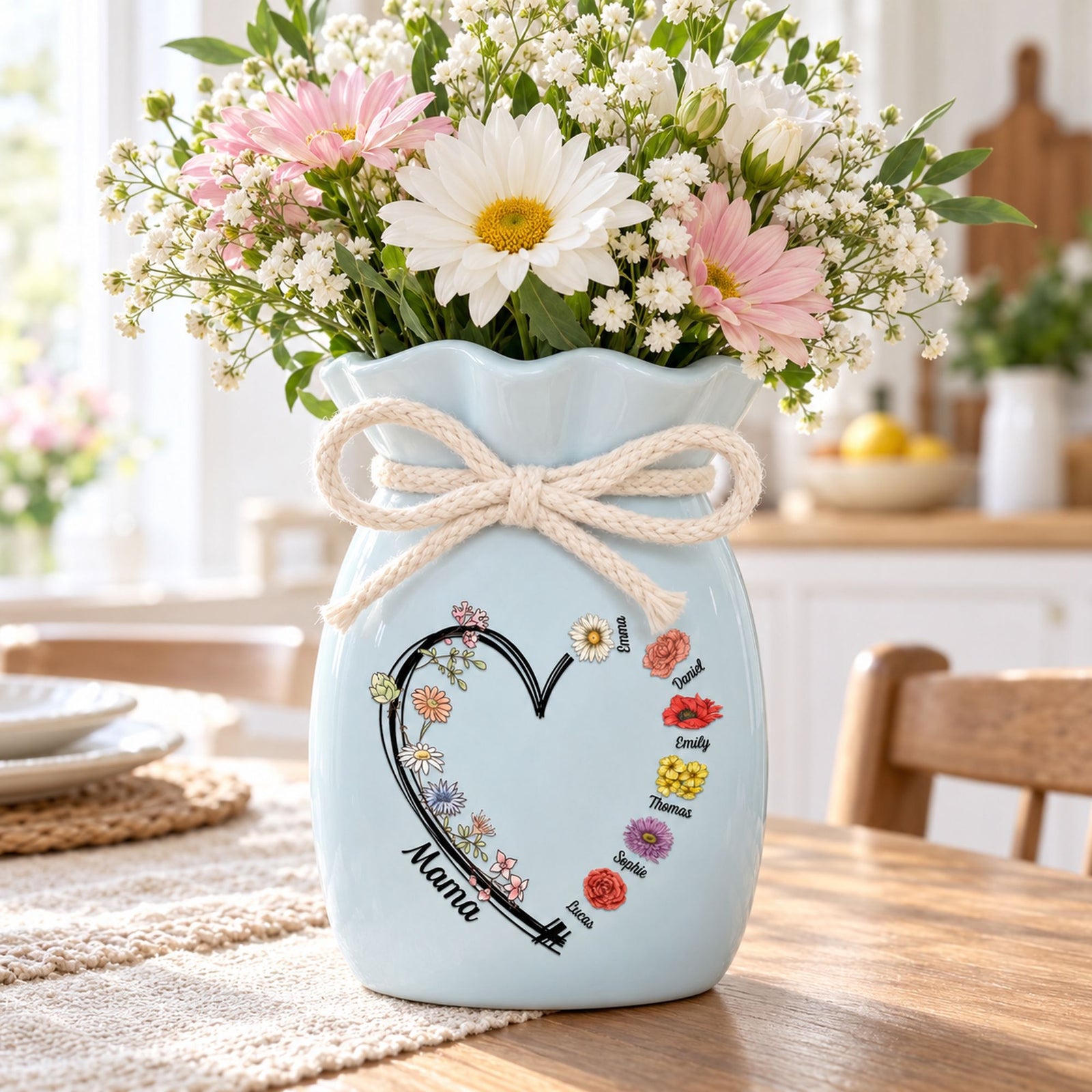 Light blue personalized Mama flower vase with ribbon holding fresh daisies on a dining table