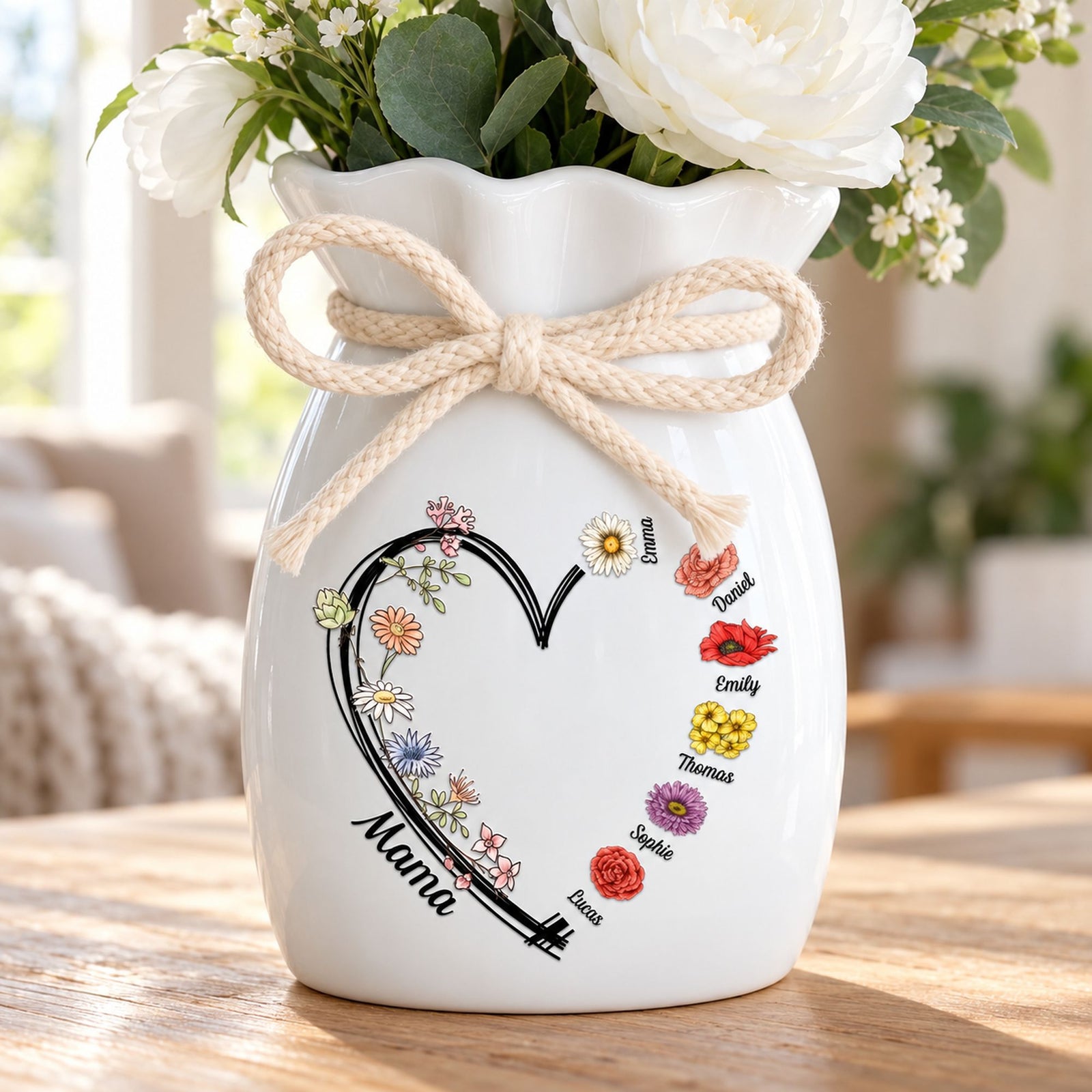 Close-up of birth flower heart print and braided rope bow on the personalized Mama ceramic vase