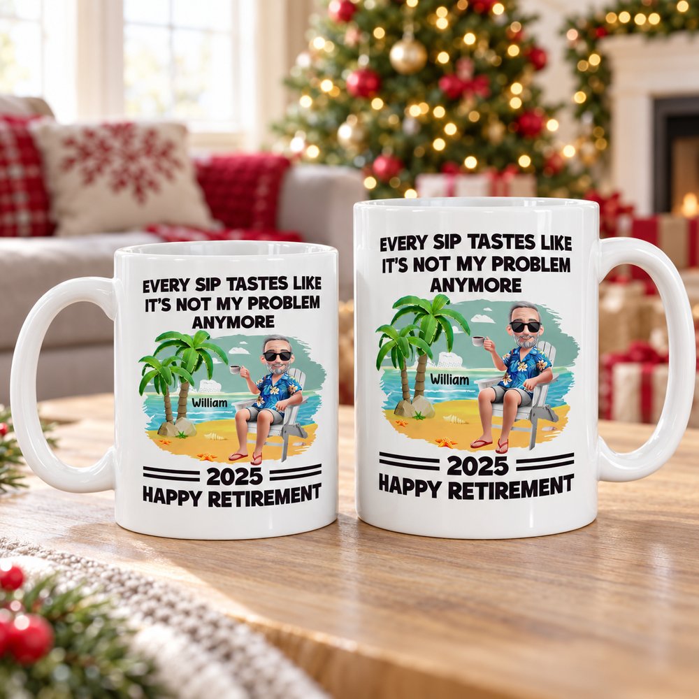Personalized Happy Retirement 2025 ceramic mug on wooden table near holiday tree