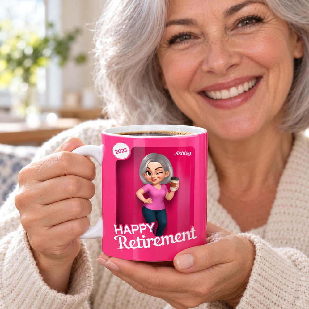 Personalized retirement mug Ashley 2025 variant held in hands with steaming coffee
