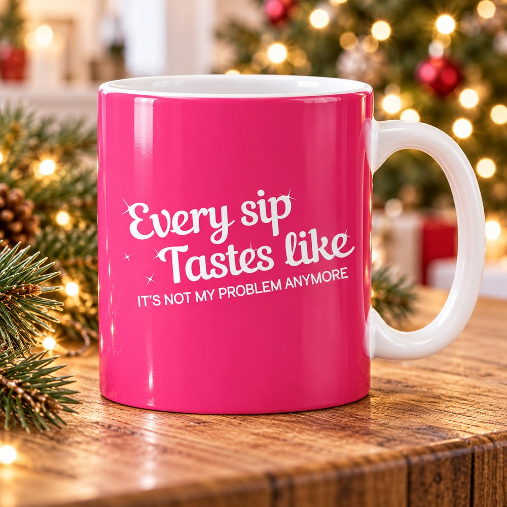 Every sip tastes like retirement quote mug on festive wooden table with holiday lights