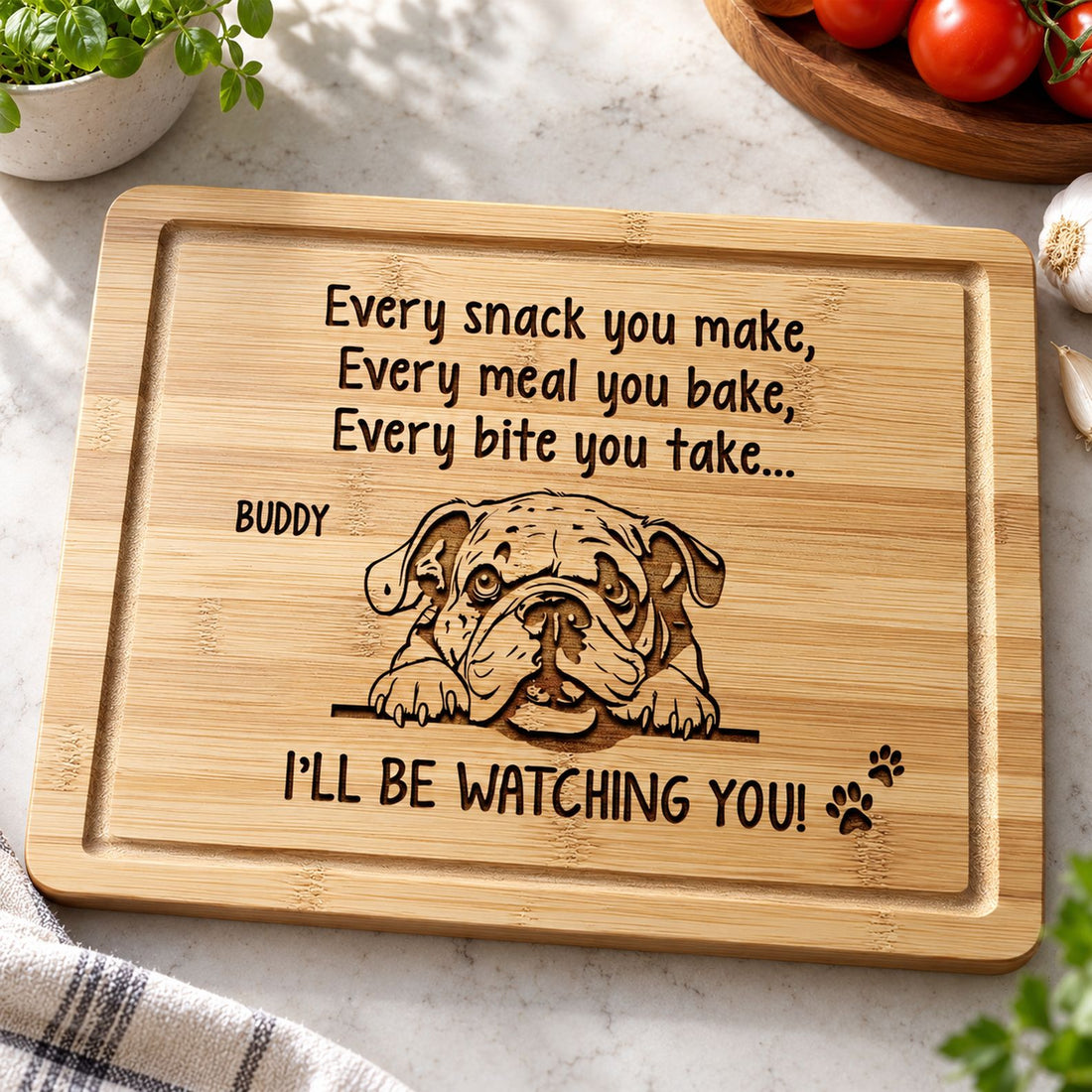 Close-up of laser engraving and wood grain on personalized dog cutting board