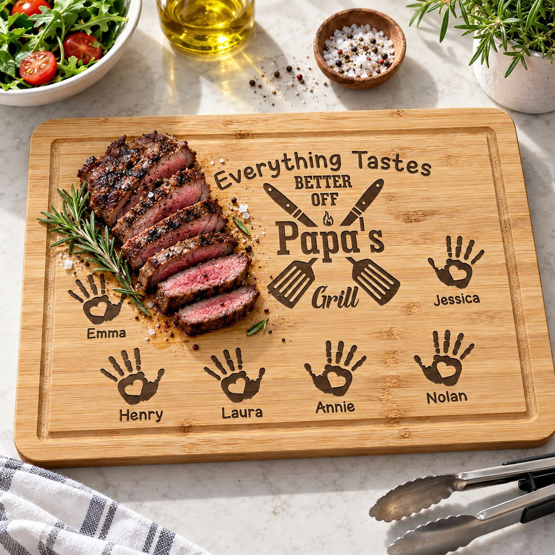 Everything Tastes Better Off Papa's Grill cutting board in use with grilled steak and herbs