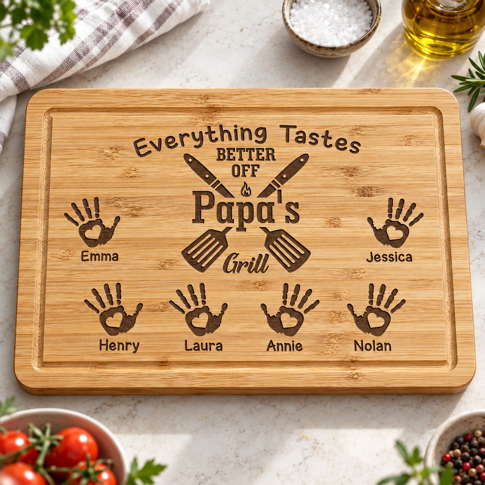 Close-up of laser engraving and bamboo wood grain on personalized Papa cutting board