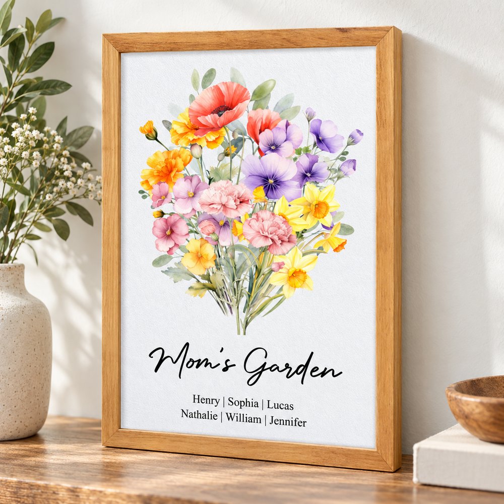Close-up detail of Mom's Garden watercolor birth flower print texture