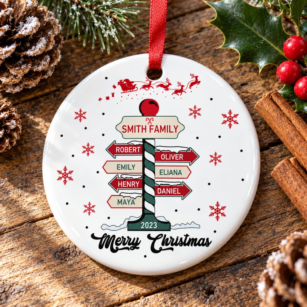Family Christmas tree circle ceramic ornament styled flat on a festive holiday table